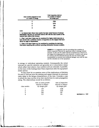 fnltirl inopaetlon Intmval
          drr number urigned to item          rr r fraction of fatigue-
             as a moult of ratingr                Hfe dm@ p l




  note8
  1 Anin~i~ln~~cl.un~bcrhrkm~kcr~~~dorrrrul
  d e b i l i t y will hrvr an uJodaW atrmd 581witb the clrw number d the
  i n t a d A n without thfr w.
              t
              m
  2 CLr1.ndeku2I~nryhwnridcndfor~inlHdIntcrp.lron
  l a m rirrnft after a otaffident number of kupectlonr on the or
                                                                i
                                                                w fl.rt have
  &Own no 03gu of dotdontion.
  3 Ctur3d~4itcm,maykcoluidduundi&~forbot.l-tlmr
  fleet-leada umplin8 after pertinent operat@ h r f o ~ ~ available; - -
                                                                     e o            -

                                             EXHIBLT 9.7 A suggested scale for converting class numbers to
                                             relative inspection intervals for significant items in damage-tolerant
                                             structure. In this case the initial interval is expressed as a fraction of
                                             the fatigue-life design goal for entire structure. A similar scale cannot
                                             be csed for safe-life elements because the only two factors rated
                                             (susceptibility to corrosion and accidental damage) vary with the item
                                             and the intended use of the equipment.


to ratings i n individual operating contexts. Consequently the initial
intervals for safe-life elements are generally set a t conservative values
which reflect their relative class numbers and are extended, if possible,
on the basis of the findings from these inspections after the equipment
enters service.
     At this point let us examine some of the implications of Exhibits
9.6 and 9.7 and see how the starting and repeat intervals for structural
items relate to the fatigue characteristics of the item. Consider a case
in which the class number of an item results from its crack-propagation
rating. The relationships would be as follows:
                           ratio of crack-growth            ratio of inspection
                            interval to fatigue-           interval to fatigue-
    class number               life design goal               lifg design goal
                                       18
                                        I                           1/24
                                       114                          1/12
                                       318                          118
                                       112                          1I 6                           SECTION 9 . 2    245
 