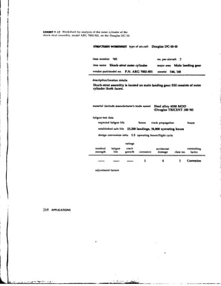 EXHIBIT 9-17 Worksheet for analysis nf the outer cylinder of the
sllock-strut assembly, model A K C 7002-501, on the Douglas DC-10.


                                      S T I U I C N W WOULSHW type of aircraft         Dougdas DC-20-10


                                     item number     1.01                                 no. per a h a f t   2
                                     Item name     Shock-strut outer cylinder             major a m     Main h d h g gear
                                     vendor partlmodel no.       P.N. ARC 7002-501        zonets)     144,145



                                      Shock-strut maembly ie located on main landing gear; SSI consists of outer
                                      cylinder (both faces).



                                     material (include manufactures's trade name)       Steel alloy 4330 MOD
                                                                                        (Douglas TRICENT 300 MI
                                     fatigue-test data
                                         expected fatigue life             hours    cnck propagation                 hours

                                         established safe life 23,200 landings, 34,800 operating h o w

                                          design conversion ratio    1.5 operating hourslflight cycle

                                                                 ratings
                                       residuai     fatigue       crack                  accidental                  conhnlling
                                       strength       life       growth    corrosion      damage         class no.     factor

                                         -           - -                       1              4               1      Corrosion

                                       adjustment factors




268   APPLICATIONS
 