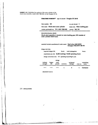 U(HIBIT 9.18 Worksheet for analysis of the outer cylinder of the
sbock-strut assembly. model ARC 7002-505, on the Douglas DC-10.


                                    SMUCTUW WOI1I(SHtm type of aircraft             DougIar DC-10-10


                                     item number 101                                     no. per aircraft 2
                                     item name Shock-strut outer cylinder                major a n a Main landing gear

                                     vendor partlmodel no.    P.N.ARC 7002-505           zone(s) 144,145

                                    description/location details
                                    Shuck-strut assembly i s located on main landing gear; SSI condsta of
                                    outer cylinder (both faces).



                                     material (include manufactunefs trade name) Steel alloy 4330 MOD
                                                                                      (Douglas TRICENT 300 M)

                                     fatigue-test data
                                         expected fatigue life             hoilrs    crack propagation               hours
                                         established safe life 46,800 landings, 70,200 operating hours

                                         design conversion ratio 1.5 operating hourslflight cycle

                                                                 ratings
                                       residual     fatigue       crack                 accidental                   controlling
                                       strength       life       growth    cnmeion       damage          class nu.     factor

                                         -          -            -             1            4               1        Corrosion

                                       adjustment factors




270 APPLICATIONS
 