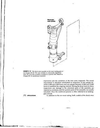 WHIBIT 9.19 The shock-strut assembly on the main landing gear of
tnc Douglas DC-10. The cuter cylinder is a stmcturally significant
item; !he lest of the asuemhly is treated as a systems item. (Based on
Douglas DC-10 maintenance materials)


                                   experience and the condition of the first units inspected. The initial
                                   requirement is therefore established as inspection of one sample be-
                                   tween 6,000 and 9,000 hours and one sample between 12,000 and 15,000
                                   hours to establish the ongoing interval. During the shop visits for these
                                   inspections any damage to the structural parts of the assembly are
                                   repaired as necessary and the systems parts of the assembly are usually
                                   reworked. Thus the combined process is often referred to as landing-
                                   gear rework.
272   APPLICATIONS                     In addition to the cor-osion rating, both 111odelsof the shock-strut
 