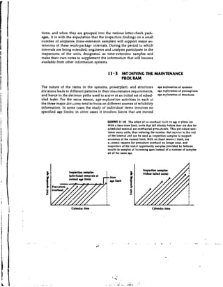 tions, dnd when they are grouped into the various letter-check pack-
ages, it is with the expectation that the insprction findings on a small
number of airplanes (time-extension samples) will support major ex-
tensions of these work-packagr intervals, During the period ill which
intervals are being extended, engineers and ~nalysts   participate in the
inspections of the units designated as time-extension samples and
make their r?wnnotes to supplement the information that will become
available from other informalion systems.




The nature of the items in the systems, powerplant, and structures                 age exploration of syrrtems
divisions leads to different patterns in their maicltenance requirements,          age exploration of powerplants
and hence in the decision paths used to arrive at an initial set of sched-         qeexl'loration of str~ctu-s
uled tasks. For the s a n e reason, age-exploration activities in each of
the three major divisions tend to focus on different sources of reliability
information. In some cases the study oi individual items involves no
specified age limits; in other cases it involves limits that are moved

                                            EXHIBIT 11.10 The effect of an overhaul limit on agc e. plorai:on.
                                            With a hard-time limit, units that fail shortly hefore they are due for
                                            scheduled removal are overhauled prc.nr;rh;relv. This prrcedure zero-
                                            times many units, thus reducing Ihe numbel. that survic to the rnd
                                            of the interval and can be used as inspection samples to support
                                            extdnsion of the current limit. With no fixed removal limit, the
                                            economic reasons for premature overhaul n o longer exist, and
                                            inspection of the oldcst opportunity saniples provided by failures
                                            results in samples at increas~ng ases instead of a number of samples
                                            all of the same age.




                    Calendar time                                              Calendar time
 