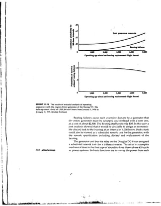 Opetitine age rince lrrt bcrrlng replacement (flight houn)




                                             0              tm
                                                            a            2,
                                                                          m            3
                                                                                       m              1,000        sm
                                                                                                                    ,
                                                      Operating age rince last bearing mplrammt (flight houm)


EXHIBIT I I . I l The results of actuarial analysis of operating
experience with the engine-driven generator of thc Bocing 727. The
data rep~esclil total of 1,3111,269 unit hours from January 1, 1970 to
                  a
J.11iuary31, lQ7l.(United Airlines)


                                              Rearing failures cause such extensive d a n ~ a yto a gcnerator that
                                                                                               ,~
                                    t i r c l entire generator must be scrapped and replaced wit11 a new one,
                                    at cost of 'ibout $2,500,      The bc..~ringitself costs only $50. In this cast- a
                                    cost a i ~ i ~ l y showed t11,it it would be desir,~blc assign an economic-
                                                       sis                                  to
                                    life discilrJ task to the brairing at an intetv,il of 4,000 hours. Such a task
                                    could ,~Iso viewed 'is ,I scheduled rework task for the generator, with
                                                  bc
                                    the rework spccific.~tion iticluding discard 'ind repl,icement of the
                                    be,~ritig.
                                         'The generdtor and bus-tie relay on the Douglas DC-8 was assigned
                                    a schedr~ledrework tlwk for a differe~~t        reason. Thc relay is a complex
                                    1i1cchanic.il iten1 in the first type of aircraft to have three-phase400-cycle
                                    ac power systcn~s. basic functions are to convey the power from each
                                                           Its
 