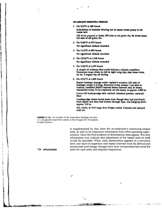 1 On 9/2/71 at 2! houm
                                                        8l
                                            Indication8 of nlatrrlil flowing out of center war& pump h aft
                                            wortb tank
                                            103 rivets popped or l o w , RH ride ot aft pylon fin; % rlwh loow,
                                            LH ride of aft pylon fin
                                        2 On 9/28/7l at 5 7 l houm
                                            No significant defects mcorded
                                         3 On 11/3/71at 881 hours
                                            No significant defecfa w r d e d
                                        4 On 12/12/71 at 1,166 houm
                                            No significant defects recorded
                                         5 On 1/24/72 at 1,475 hours
                                           A couple of wdteups that could indicate a chronic condition.                .
                                           Numerous loose rivets on left dc right wing tips; dm loose riveta      I


                                            on no. 2 engine top aft fairing.

                                            Repair fuelage damage under captain's window, lee side of
                                            fuselage; scrape 4 A long. Ren~oved    rivets, bumpex l out akin to
                                            contour, installed 2024133 tapered l i m e between skin & frame,
                                            reinstalled rivets. To be inspected, sta 330 frame, in approx. 3,000 hr.
                                            Lower LH leading-edge skin cracked. Installed patdtee, replaced
                                            door.
                                            Iemding-edge doom found loose even though they had pmviously
                                            been taped; one door had broken through tape, was hangiq) down
                                            approx. 314 in.
                                            Aft, center, k fwd cargo dcor hinges rusted. Cleaned and sprayed
                                            with oil.

EXHIBIT 11.16 A n example of tire irtspcctions findings recbrdcd
I<rra designated iuspertion s.1111plcol the L>ougl.ls IIC-10 airplane.
(llniled Airline.;)


                                     is supplemented by datd from the manufacturer's continuing fatigue
                                     tests, as well as by inspection information from other operating organ-
                                     izations. Once the first evidence of deterioration does appear, t' new
                                                                                                      ,IS
                                     information may indicate that adjustment of the repeat interval itself
                                     would be desirable. When early deterioration appears in a stn~ctural
                                     item, low start-of-inspection and repeat intervals must be defined and
                                     maintained until design changes have bcen incorporated that avoid the
                                     need for such early and frequent inspections.
 