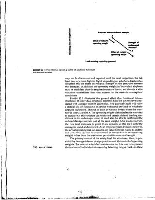 Btt.ct of tedtlccd
                                                                operating weight


                                                                                     Effect of mdurrd




EXHIBIT 12.3 The effect un operatk~g
                                   safely of functional failures in
the structure division.

                                  tnay not be discovered and repaired until the next iaspection, the risk
                                  level can vary from flight to flight, depending on whether a fracture has
                                  occurred and the effect on residual strength of the particular element
                                  that fractures. In addition, the opt-rating weights of individual airplanes
                                  may be much less than the required structural limits, and there is a wide
                                             -
                                  variation sometimes from one moment to the next- in atmospheric
                                  conditions.
                                       Exhibit 12.3 illustrates the general effect that functional failures
                                  (fractures) of individual structural elements have on the risk level asso-
                                  ciated with damage-toierant assemblies. The asse:nbly itself will suffer
                                  a critical loss of functicn if it cannot withstand any load to which the
                                  airplane is exposed. The risk of such an ebeilt is lowesf when the struc-
                                  ture is intact, at point A. Tne operating weight of the airplane is restricted
                                  to ensure that the structure can withstand certain defined loading con-
                                  ditions in its undamaged state; it must also be able to withstand the
                                  defined damage-tolerant load at the same weight. After a failure occur?,
                                  the risk level increases to point B and remains at this lev21 until the
                                  damage is found and corrected. As in the powerplant division, however,
                                  the actual operating risk can assume any value between A and B, and the
                                  risk under any specific set of conditions is reduced when the operating
                                  weight is less than the maximum permissible structural weight.
                                       The primary contiol of the safety level for structures, then, is pro-
                                  vided by damage-tolerant design practices and the control of operating
                                  weights. The role of scheduled maintenance in this case i s to prevent
                                  the fracture of individual elements by detecting fatigue cracks in these
 