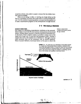 would be critical, every effort is made to ensure that the hidden func-
tion will be available.
     What we are doing, in effect, is treating any single failure as the
first in a succession of events that could lead to a critical multiple fail-
ure. It is this method of assessing failure consequences that permits us
to base a maintenance program on the consequences of single failures.


                                             2 5 THE FAILURE PROCESS
FAILURE IN SIMPLE ITEMS                                                             failure in simple items
One reason for identifying unsatisfactory conditions at the potential-              a model of the failure process
failure stage is to prevent the more serious consequences of a functional           the age at failure
failure. Another reason, however, is that the removal of individual unit,
on the basis of their condition makes it possible to realize most of the
useful life of each unit. To see how this procedure works, zonsider a
simple item such as the airplane tire in Exhibit 2.3. -4lthough a tire has
other functions, here we are concerned with its retread capability.
Hence weshave defined a functional failure as the point at which the

                                            LXHIBm 2.3 Tire tread wear as a n illustration of the failure pmcess
                                            in a simple item. The potential-failure condition ifi defined in this
                                            case as the tread depth at point A. At poitit B, -when the tire is smooth,
                                            ct can still be removed as a potential failure, but if wear continues to
                                            point C the carcass will no longer be suitable for retreading, and the
                                            loss of this function will constitute a functional failure.




                          Expoow (number of lurdln@
 