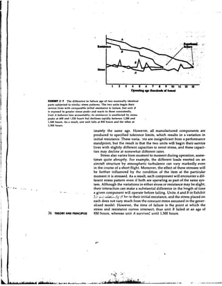 EXHIBIT 2.7 The difference in failure age of two nominally identical
parts subjected to similar stress patterns. The two units begin their
service lives with coniparable initial resistance to failure, but unit B
is exposed to greater stress peaks and reacts to them consistently.
Unit A behaves less accountably; its resista~~ce unaffected by stress
                                                  is
peaks at 640 and 1,120 hours but declines rapidly between 1.200 and
1,300 hours. As a result, one unit fails at 850 hours and the other at
1,300 hours.
                                    imately the same age. However, all manufactured components are
                                    produced to specified tolerance limits, which results in a variation in
                                    initial resistance. These varia, ' m s are insignificant from a performance
                                    standpoint, but the result is that the two units will begin their service
                                    lives with slightly different capacities to resist stress, and these capaci-
                                    ties may decline at somewhat different rates.
                                          Stress also varies from moment to moment during operation, some-
                                    times quite abruptly. For example, the different loads exerted on an
                                    aircraf! structure by atmospheric turbulence can vary markedly even
                                    in the course of a short flight. Moreover, the effect of these stresses will
                                    be further influenced by the condition of the item at the particular
                                    moment it is stressed. As a result, each component will encounter a dif-
                                    ferent stress pattern even if both are operating as part of the same sys-
                                    tem. Although the variations in either stress or resistance may be slight,
                                    their interaction can make a substantial difference in the length of time
                                    a given component will operate before failing. Units A and B in Exhibit
                                           -
                                    2.;' ,~,'iridi;r;lj' 21;ke in their initial resistance, and the stress placed on
                                         -.
                                    each does not vary much from the constant stress assumed in the gener-
                                    alized mode). However, the time of failure is the point at which the
                                    stress and resistance curves intersect; thus unit B failed at an age of
36   THEORY AND PlllNClPLES         850 hours, whereas unit A survived until 1,300 hours.
 