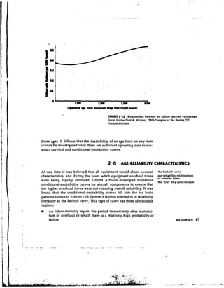 iPOo            zoo0             s,
                                                         m               Coao
                  oparthq      limit r a hat dmp vblt (flWlt hopn)
                                      b

                                              EXHIBIT 2-12 Relationship between the failure rate and various age
                                              limits for the rratt & Whitney JTAD-7 engine of the Boeing 737.
                                              (United Airlines)




those ages. It follows that the desirability of an age limit on any item
cannot be investigated until there are sufficient operating data to con-
struct survival and conditional-probability curves.


                                              2 8 AGE-RELIABILITY CHARACTERISTICS
At one time it was believed that all equipment would show ivearout                  the bathtub curve
characteristics, and dgring the years when equipment overhaul times                 a e-mliability relationships
                                                                                    of complex items
were being rapidly extended, United Airlines developed numerous                     the ,,life,, of a comp,ex item
conditional-probability curves for aircraft components to ensure that
the higher overhaul times were not reducing overall reliability. It was
found that the conditional-probability curves fell into the six basic
patterns shown in Exhibit 2.13. Pattern A is often referred to in reliability
literature as the bathtub curve. This type of cuivt?has three identifiable
regions:
b    An infant-mortality region, the period immediately after manufac-
     ture or overhaul in which there is a relatively high probability of
     failure
 