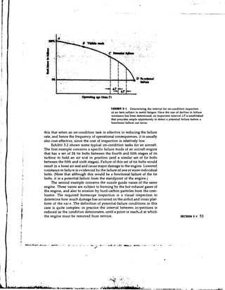 WHIBIT 3.1     Determining the interval for on-condition inspection
                                            of an item subject to metal fatigue. Once the rate of decline in failure
                                            resistance has been determined, an inspection interval ATis established
                                            that proyides ample opportunity to detect a potential failure before a
                                            functional failure can occur.


this that when an on-condition task is effective in reducing the failure
rate, and hence the frequency of operational consequences, it is usually
also cost-effective, since the cost of inspection is relatively low.
     Exhibit 3.2 shows some typical on-condition tasks for an aircraft.
The first example concerns a specific failure mode of an aircraft engine
that has a set of 24 tie bolts between the fourth and fifth stages of its
turbine to hold an air seal in position (and a similar set of tie bolts
between the fifth and sixth stages). Failure of this set of tie bolts would
result in a loose air seal and cause major damage to the engine. Lowered
resistance to failure is evidenced by the failure of one or more individual
bolts. (Note that although this would be a functional failure of the tie
bolts, it is a potential failure from the standpoint of the engine.)
     The second example concerns the nozzle guide vanes of the same
engine. These vanes are subject to burning by the hot exhaust gases of
the engine, and also to erosion by h ~ r carbon particles from the com-
                                            d
bustor. The required borescope inspection is a visual inspection to
determine how much damage has occurred on the airfoil and inner plat-
form of the vare. The definition of potential-failure conditions in this
case is quite complex; in practice the interval between inspections is
reduced as the condition deteriorates, until a point is reachcd at which
the engine must be removed from service.
 