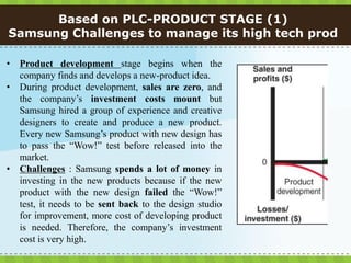 Based on PLC-PRODUCT STAGE (1)
Samsung Challenges to manage its high tech prod

• Product development stage begins when the
  company finds and develops a new-product idea.
• During product development, sales are zero, and
  the company’s investment costs mount but
  Samsung hired a group of experience and creative
  designers to create and produce a new product.
  Every new Samsung’s product with new design has
  to pass the “Wow!” test before released into the
  market.
• Challenges : Samsung spends a lot of money in
  investing in the new products because if the new
  product with the new design failed the “Wow!”
  test, it needs to be sent back to the design studio
  for improvement, more cost of developing product
  is needed. Therefore, the company’s investment
  cost is very high.
 