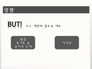 영향
소스 제한의 필요성 대두
불법
총기류 등
윤리적 문제
저작권
 