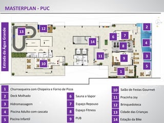 EstradadaÁguaGrande
1
2
4
3
5
6 7
8
9
10
11
12
13
14
MASTERPLAN - PUC
1
2
3
4
5
Churrasqueira com Chopeira e Forno de Pizza
Deck Molhado
Hidromassagem
Piscina Adulto com cascata
Piscina Infantil
6
7
8
9
Sauna a Vapor
Espaço Repouso
Espaço Fitness
PUB
10
11
12
13
Salão de Festas Gourmet
Pracinha Joy
Brinquedoteca
Cidade das Crianças
14 Estação da Bike
 