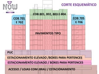 CORTE ESQUEMÁTICO
ACESSO / LOJAS COM JIRAU / ESTACIONAMENTO
ESTACIONAMENTO ELEVADO / BOXES PARA PERTENCES
ESTACIONAMENTO ELEVADO /BOXES PARA PERTENCES
PUC
COB 705
E 706
COB 701
E 702
COB 801, 802, 803 E 804
PAVIMENTOS TIPO
 