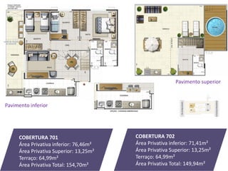 COBERTURA 701
Área Privativa inferior: 76,46m²
Área Privativa Superior: 13,25m²
Terraço: 64,99m²
Área Privativa Total: 154,70m²
COBERTURA 702
Área Privativa inferior: 71,41m²
Área Privativa Superior: 13,25m²
Terraço: 64,99m²
Área Privativa Total: 149,94m²
Pavimento inferior
Pavimento superior
 
