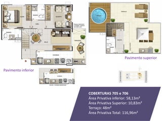 COBERTURAS 705 e 706
Área Privativa inferior: 58,13m²
Área Privativa Superior: 10,83m²
Terraço: 48m²
Área Privativa Total: 116,96m²
Pavimento inferior
Pavimento superior
 