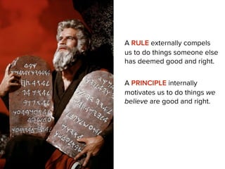 A RULE externally compels
us to do things someone else
has deemed good and right.
A PRINCIPLE internally
motivates us to do things we
believe are good and right.
!
!
!
!
!
 