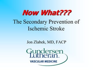 Now What???
The Secondary Prevention of
      Ischemic Stroke

     Jon Zlabek, MD, FACP
 