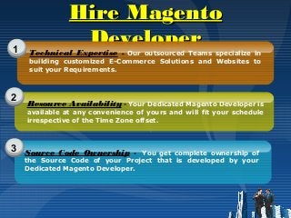 Hire MagentoHire Magento
DeveloperDeveloper1
2
3
Technical Expertise - Our outsourced Teams specialize in
building customized E-Commerce Solutions and Websites to
suit your Requirements.
Resource Availability - Your Dedicated Magento Developer is
available at any convenience of yours and will fit your schedule
irrespective of the Time Zone offset.
Source Code Ownership - You get complete ownership of
the Source Code of your Project that is developed by your
Dedicated Magento Developer.
 