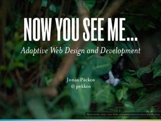 NOW YOU SEE ME...

Adaptive Web Design and Development
Jonas Päckos
@ pekkos

Photo Credit: http://www.flickr.com/photos/pburch_tulane/4192854233/

 
