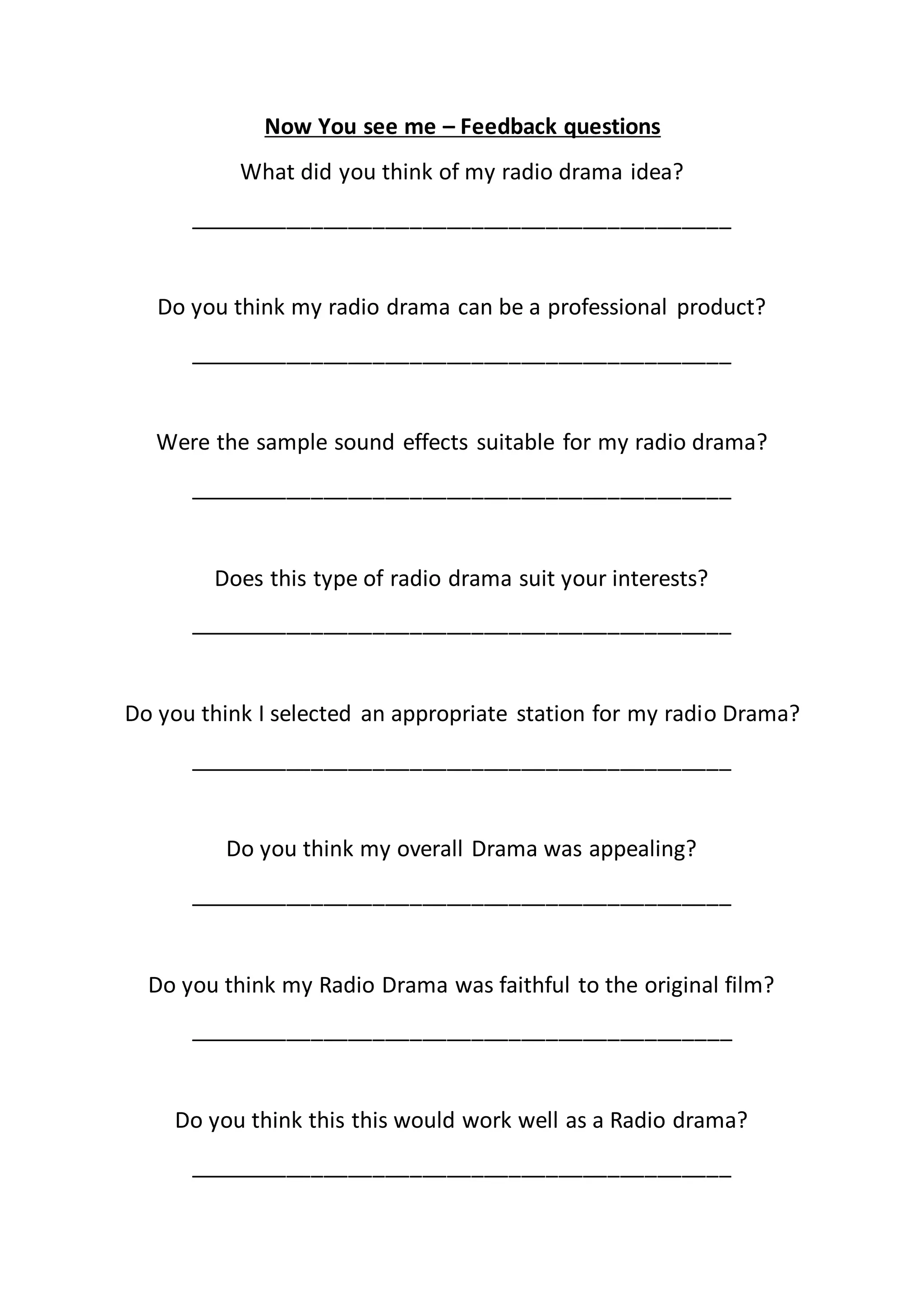 Now you see me feedback questionaire DOCX