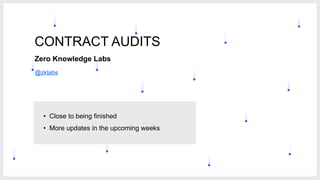 2
CONTRACT AUDITS
Zero Knowledge Labs
• Close to being finished
• More updates in the upcoming weeks
@zklabs
 