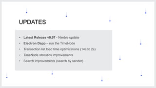 3
UPDATES
• Latest Release v0.97 - Nimble update
• Electron Dapp – run the TimeNode
• Transaction list load time optimizations (14s to 2s)
• TimeNode statistics improvements
• Search improvements (search by sender)
 