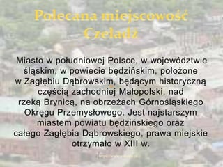 Miasto w południowej Polsce, w województwie
śląskim, w powiecie będzińskim, położone
w Zagłębiu Dąbrowskim, będącym historyczną
częścią zachodniej Małopolski, nad
rzeką Brynicą, na obrzeżach Górnośląskiego
Okręgu Przemysłowego. Jest najstarszym
miastem powiatu będzińskiego oraz
całego Zagłębia Dąbrowskiego, prawa miejskie
otrzymało w XIII w.
https://www.wsb.edu.pl
 