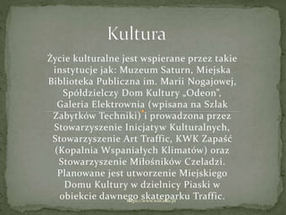 Życie kulturalne jest wspierane przez takie
instytucje jak: Muzeum Saturn, Miejska
Biblioteka Publiczna im. Marii Nogajowej,
Spółdzielczy Dom Kultury „Odeon”,
Galeria Elektrownia (wpisana na Szlak
Zabytków Techniki) i prowadzona przez
Stowarzyszenie Inicjatyw Kulturalnych,
Stowarzyszenie Art Traffic, KWK Zapaść
(Kopalnia Wspaniałych Klimatów) oraz
Stowarzyszenie Miłośników Czeladzi.
Planowane jest utworzenie Miejskiego
Domu Kultury w dzielnicy Piaski w
obiekcie dawnego skateparku Traffic.https://www.wsb.edu.pl
 