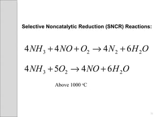 Selective Noncatalytic Reduction (SNCR) Reactions:
OHNOONH
OHNONONH
223
2223
6454
6444
+→+
+→++
Above 1000 o
C
31
 