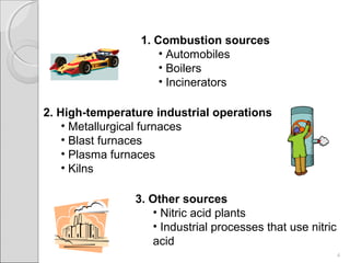 1. Combustion sources
• Automobiles
• Boilers
• Incinerators
2. High-temperature industrial operations
• Metallurgical furnaces
• Blast furnaces
• Plasma furnaces
• Kilns
3. Other sources
• Nitric acid plants
• Industrial processes that use nitric
acid
4
 