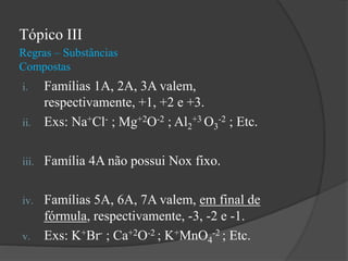 Regras – Substâncias
Compostas
Tópico III
i. Famílias 1A, 2A, 3A valem,
respectivamente, +1, +2 e +3.
ii. Exs: Na+Cl- ; Mg+2O-2 ; Al2
+3 O3
-2 ; Etc.
iii. Família 4A não possui Nox fixo.
iv. Famílias 5A, 6A, 7A valem, em final de
fórmula, respectivamente, -3, -2 e -1.
v. Exs: K+Br- ; Ca+2O-2 ; K+MnO4
-2 ; Etc.
 