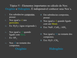 Tópico V - Elementos importantes no cálculo do Nox:
Oxigênio e Hidrogênio. É indispensável conhecer seus Nox´s.
Oxigênio Hidrogênio
i. Em substâncias compostas,
possui:
ii. Nox igual a -1 nos
peróxidos.
iii. Ex: H2O2 ( água oxigenada ).
iv. Nox igual a +2 quando
ligado com flúor.
v. Ex: OF2.
vi. Nox -2 no restante dos
compostos.
 Em substâncias compostas,
possui:
 Nox igual a -1 quando ligado
com um Metal.
 Exs: NaH ; CaH2 ; AlH3.
 Nox igual a +1 no restante dos
compostos.
 Exs: H2O ; CH4.
 