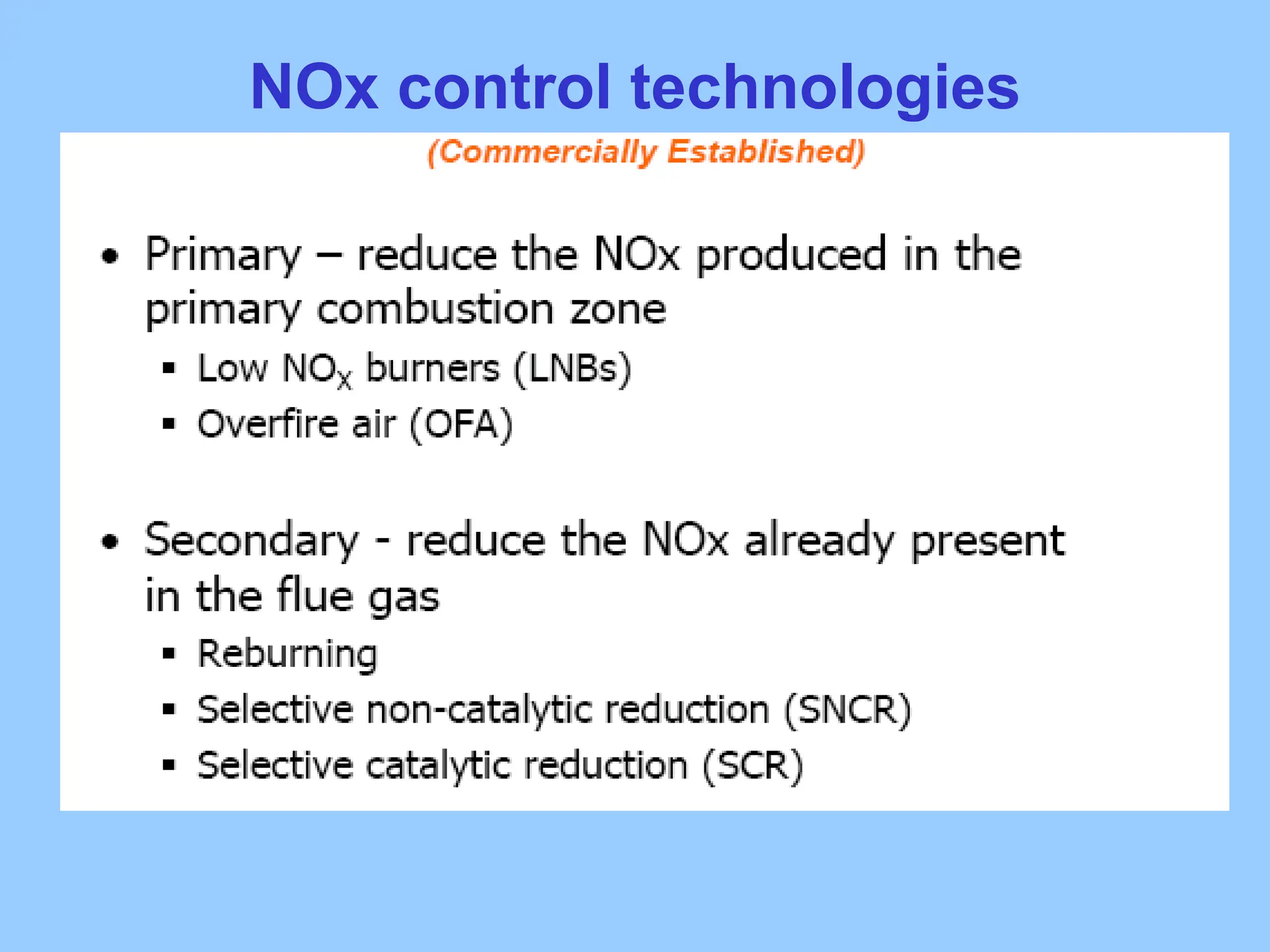 NOx control technologies
 