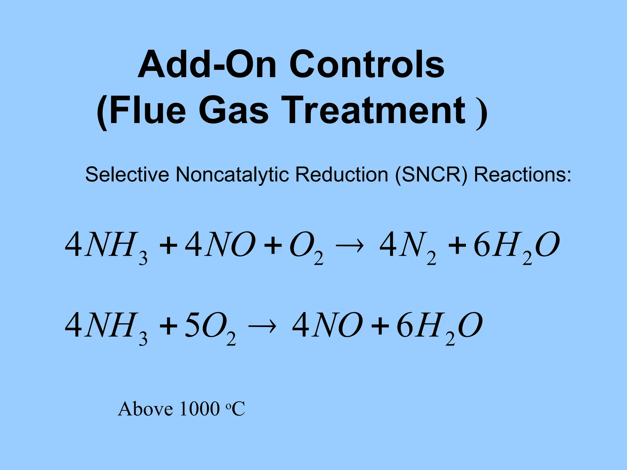 Selective Noncatalytic Reduction (SNCR) Reactions:
O
H
NO
O
NH
O
H
N
O
NO
NH
2
2
3
2
2
2
3
6
4
5
4
6
4
4
4







Add-On Controls
(Flue Gas Treatment )
Above 1000 o
C
 
