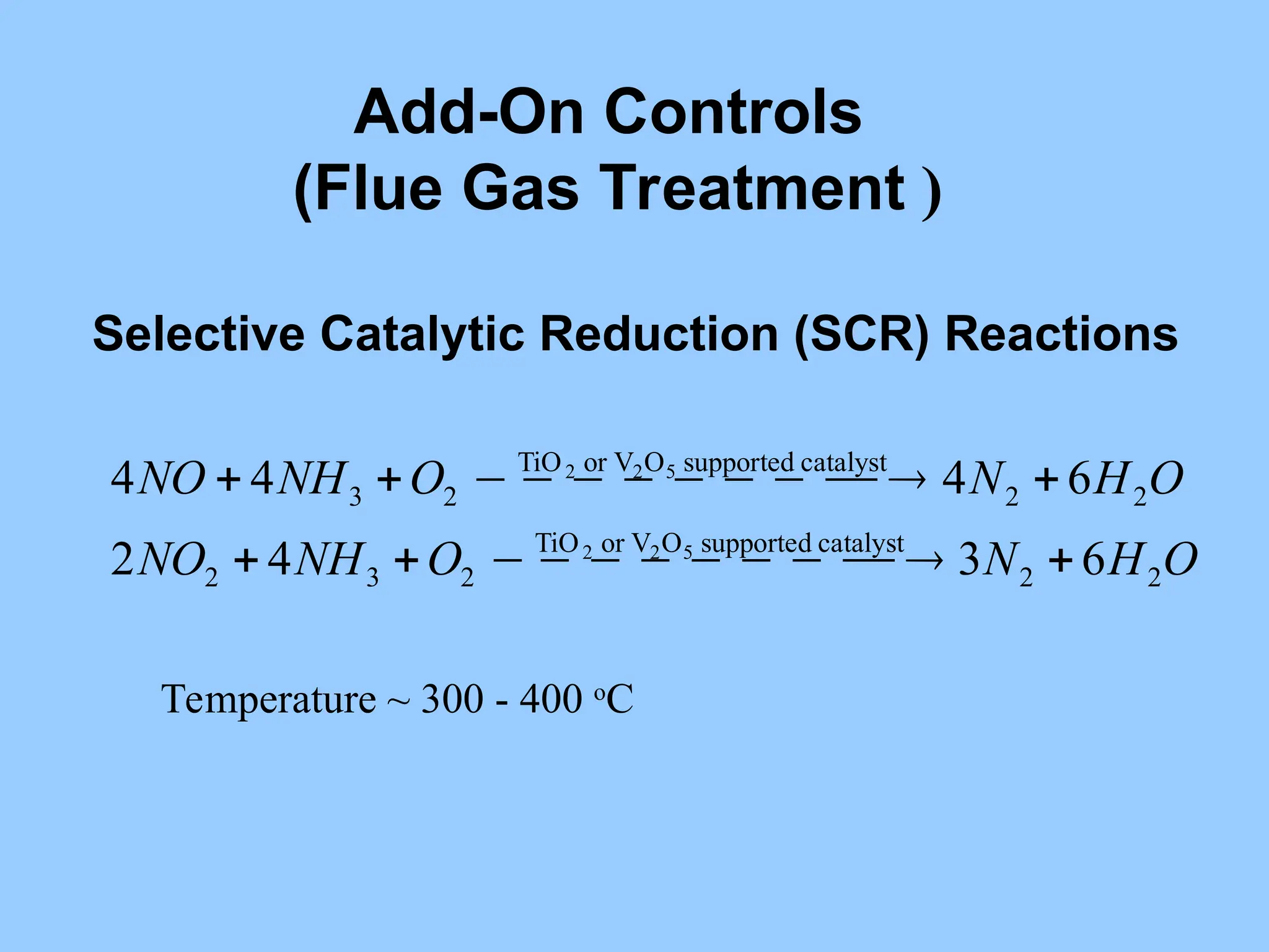 Add-On Controls
(Flue Gas Treatment )
Selective Catalytic Reduction (SCR) Reactions
O
H
N
O
NH
NO
O
H
N
O
NH
NO
2
2
catalyst
supported
O
V
or
TiO
2
3
2
2
2
catalyst
supported
O
V
or
TiO
2
3
6
3
4
2
6
4
4
4
5
2
2
5
2
2








 











 



Temperature ~ 300 - 400 o
C
 