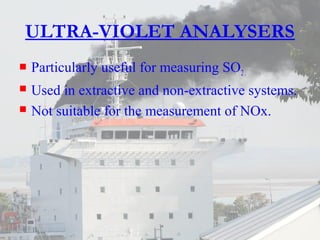 ULTRA-VIOLET ANALYSERS 
 Particularly useful for measuring SO2 . 
 Used in extractive and non-extractive systems. 
 Not suitable for the measurement of NOx. 
 