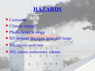 HAZARDS 
 Corrosion 
 Climate change 
 Photochemical smog 
 SO2 irritates the eyes, nose and lungs 
 SO2 causes acid rain 
 NO2 causes pulmonary edema 
 