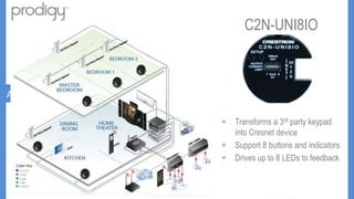 DIN-8SW8-I
                                          DIM-1DIM4
                                          C2N-UNI8IO



Add Lighting Control Solution
                                ++       Din Rail 4 Channels Dimmer
                                      Din Rail High Voltage Switch with
                                  +
                                  +   Digital Inputs a 3 party keypad
                                         Transforms Lighting Controls
                                         4 Channels
                                                         rd

                                         into Cresnet device
                                ++    8 Module Total: 10amps total
                                         Channels lighting control
                                  +      Support 8 buttons and indicators
                                ++    Module Total: 80Channel: 5amps
                                         Maximum Per
                                  +      Drives up to 8 LEDs to feedback
                                      ampsincandescent,control
                                  +      schedule lighting 40amps
                                      fluorescent
                                  +      lighting scene programmable
                                +     Maximum per Channel: 10amps
                                      incandescent, 5amps fluorescent
 