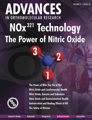 ADVANCES
                                                                  VOLUME 3 • ISSUE 10




IN ORTHOMOLECULAR RESEARCH
                   321
  NOx Technology
The Power of Nitric Oxide



                     The Power of NOx: Say Yes to No!
                     Nitric Oxide and Cardiovascular Health
                     Nitric Oxide, Exercise and Endurance
                     Nitric Oxide and Gastrointestinal Health
                     Antimicrobial and Healing Effects of NO
                     The Safety of Nitrates


 research-driven   botanical      integrative    orthomolecular      innovative
 