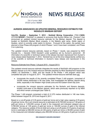 AURIZON ANNOUNCES AN UPDATED MINERAL RESOURCE ESTIMATE FOR
                   NIOGOLD'S MARBAN DEPOSIT

Val-d’Or, Quebec - September 7, 2012 - NioGold Mining Corporation (TSX-V:NOX)
(OTCQX:NOXGF) (“NioGold”) is pleased to announce that Aurizon Mines Ltd. (“Aurizon”) has
announced an updated mineral resource estimate for the Marban deposit. The deposit is
located on NioGold's Marban Block property, in the Malartic gold camp, Abitibi region of
Quebec, which is currently under option to Aurizon. Pursuant to the option, the parties have
planned a three Phase drill program of which Phases 1 and 2 have been completed, and Phase
3 is in planning.

The updated mineral resource estimate, based on Phase 1 results, was prepared by SGS
Canada Inc. – Geostat (“SGS Geostat”) under guidelines set by Aurizon’s personnel. All
information of a scientific or technical nature in this release has been reproduced from Aurizon's
news release dated September 7, 2012. NioGold has not at this time independently verified any
of the scientific or technical information in Aurizon's news release and reproduced in this
release.

Resource Estimate from Phase 1 (August 2010 – August 2011)

The updated mineral resource estimate integrates the results of NioGold's drill programs on the
Marban deposit up to the mineral resource estimate prepared by Mine Development Associates
(“MDA”) on December 1, 2009, and the results of the Phase 1 drill program which was
completed last year on August 9, 2011. The updated mineral resource estimate does not:

         incorporate the results of the recently completed Phase 2 drill program, comprised of
         34,658 metres distributed in 90 new holes, that investigated the Marban deposit along
         strike, especially in the Western High Grade zone and the Eastern Down Dip zone

         incorporate the mineral resource estimates for the Norlartic and Kierens deposits,
         located north-west of the Marban deposit, which were previously reported on by MDA
         and which remain unchanged (see Table 4).

The Phase 1 drill program comprised a total of 41,270 metres distributed in 146 new holes,
drilled between August 30, 2010 and August 9, 2011.

Based on a cut-off grade of 0.35 grams of gold per tonne and a high value capping of 25 grams
of gold per tonne, the in-pit mineral resource is estimated at 20,700,000 tonnes at 1.58 grams of
gold per tonne or 1,053,000 ounces of gold in the measured and indicated category plus at
3,780,000 tonnes at 1.60 grams of gold per tonne or 194,000 ounces of gold in the inferred
category. The resource outside of the pit shell and using a cut-off grade of 2.0 grams of gold per
tonne is estimated at 980,000 tonnes at 2.82 grams of gold per tonne or 89,000 ounces of gold
in the measured and indicated category plus 800,000 tonnes at 2.68 grams of gold per tonne or

                                ON CANADA’S GOLDEN HIGHWAY

007359000-00103096; 6
 