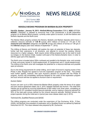 NORTH ZONE DRILLING EXPANDS SATELLITE ZONE NEAR NORLARTIC
                                DEPOSIT

Val-d’Or, Quebec - April 4, 2013 - NioGold Mining Corporation (TSX-V:NOX)
(OTCQX:NOXGF) (“NioGold”) is pleased to announce the results of its 18 hole, 4,395 meter
exploration drilling program of the North zone on the Marban Block (100% owned by NioGold
and under option to Aurizon).

The Marban Block contains the Kierens, Norlartic and Marban deposits which have a collective
resource estimate of 1.56 M ounces (28.5 millions of tonnes at 1.70 g/t) in the measured and
indicated categories and 0.51 M ounces (9.6 millions of tonnes at 1.66 g/t) in the inferred
category (see news release of September 7th, 2012).

The North zone is a satellite zone to the Norlartic deposit, located 200-300 metres northeast
and parallel to Norlartic and consists of three sub-zones named A (north-easternmost), B
(centermost) and C (south-westernmost).

Highlights from the North zone drill program include

   •    4.47 g/t Au over 3.4 m in hole NL-13-074 at a vertical depth of 40 m.

   •    3.75 g/t Au over 4.8 m and 2.93 g/t Au over 5.3 m in hole NL-13-078 at a vertical depth
        of 35 m and 45 m respectively.

   •    15.41 g/t Au over 2.8 m in hole NL-13-080 at a vertical depth of 80 m.

   •    1.45 g/t Au over 23.4 m in hole NL-12-066 at a vertical depth of 205 m.

   •    1.81 g/t Au over 7.6 m in hole NL-13-071 at a vertical depth of 130 m.

Two holes that were drilled to test the North zone were extended to a depth that also intersected
the adjacent Norlartic trend with the following results:

   •    84.10 g/t Au over 1.2 m in hole NL-13-073 at a vertical depth of 215 m. For technical
        reasons, this hole was abandoned before crossing the entire Norlartic structure.

   •    2.18 g/t Au over 24.7 m in hole NL-13-075 at a vertical depth of 260 m.

“We are very pleased with these results, they are in line with what we expected in the North
zone” said Michael Iverson, President and CEO of NioGold. He added, “Our investigation of this
satellite zone of the Norlartic deposit is part of our goal to develop the huge potential of the
Marban Block. The results to date indicate that the North zone as well as the Norlartic and



                                ON	
  CANADA’S	
  GOLDEN	
  HIGHWAY	
  

                                                   	
  
 