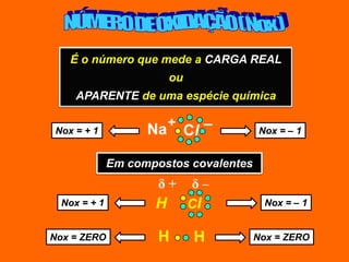 É o número que mede a CARGA REAL
                         ou
     APARENTE de uma espécie química


                              Cl –
                         +
Nox = + 1           Na                  Nox = – 1


              Em compostos covalentes
                      δ+      δ–
  Nox = + 1          H        Cl          Nox = – 1


Nox = ZERO            H        H        Nox = ZERO
 
