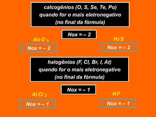 calcogênios (O, S, Se, Te, Po)
     quando for o mais eletronegativo
          (no final da fórmula)

                Nox = – 2
  Al2 O 3                         H2 S
Nox = – 2                      Nox = – 2

        halogênios (F, Cl, Br, I, At)
     quando for o mais eletronegativo
           (no final da fórmula)

                Nox = – 1
  Al Cl 3                        HF
Nox = – 1                      Nox = – 1
 