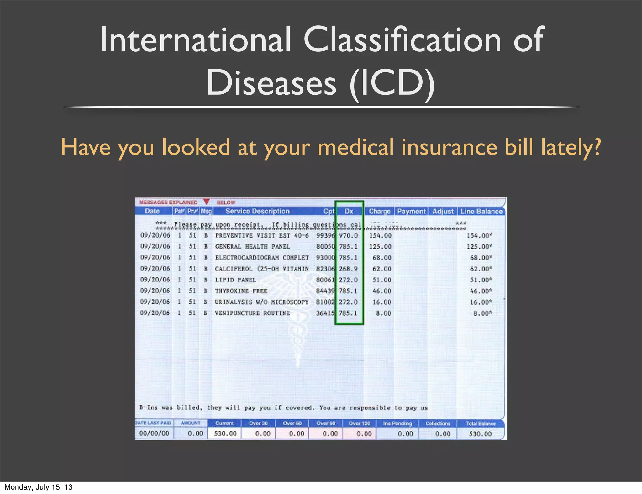 International Classiﬁcation of
Diseases (ICD)
Have you looked at your medical insurance bill lately?
Monday, July 15, 13
 