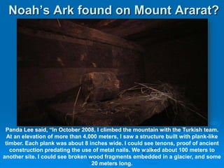 Noah’s Ark found on Mount Ararat?Panda Lee said, “In October 2008, I climbed the mountain with the Turkish team. At an elevation of more than 4,000 meters, I saw a structure built with plank-like timber. Each plank was about 8 inches wide. I could see tenons, proof of ancient construction predating the use of metal nails. We walked about 100 meters to another site. I could see broken wood fragments embedded in a glacier, and some 20 meters long.