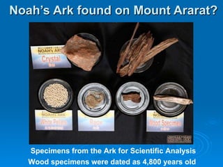 Noah’s Ark found on Mount Ararat? Specimens from the Ark for Scientific Analysis Wood specimens were dated as 4,800 years old 