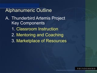 Alphanumeric Outline
A. Thunderbird Artemis Project
   Key Components
   1. Classroom Instruction
   2. Mentoring and Coaching
   3. Marketplace of Resources




                                 THUNDERBIRD
 