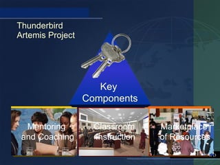 Thunderbird
Artemis Project




                     Key
                  Components

  Mentoring         Classroom     Marketplace
 and Coaching       Instruction   of Resources
                                     THUNDERBIRD
 