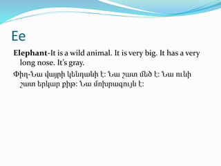 Ee
Elephant-It is a wild animal. It is very big. It has a very
long nose. It’s gray.
Փիղ-Նա վայրի կենդանի է։ Նա շատ մեծ է։...