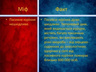 Міф
• Пасивне куріння
нешкідливе.
• Пасивне куріння дуже
шкідливе. Тютюновий дим,
який видихається курцем,
містить багато токсичних
речовин, які викликають
різні хвороби – від серцево-
судинних до онкологічних.
Щорічно у світі від
пасивного куріння помирає
близько 600 000 осіб.
Факт
 