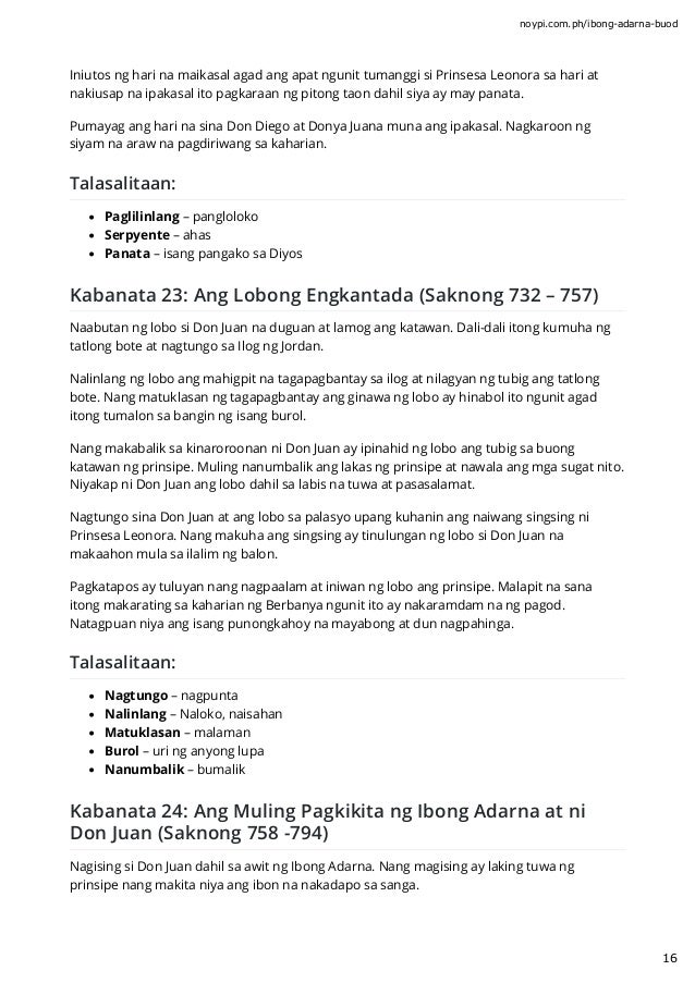 Ibong Adarna Buod ng Bawat Kabanata 1-46 with Talasalitaan